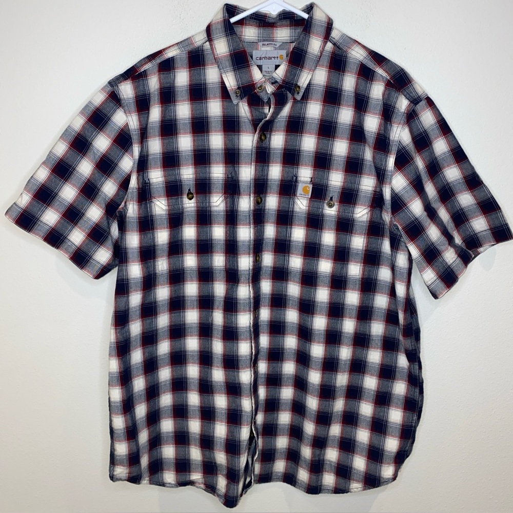 Carhartt Men's Plaid Button Down Relaxed Fit Short Shirt Blue Red White